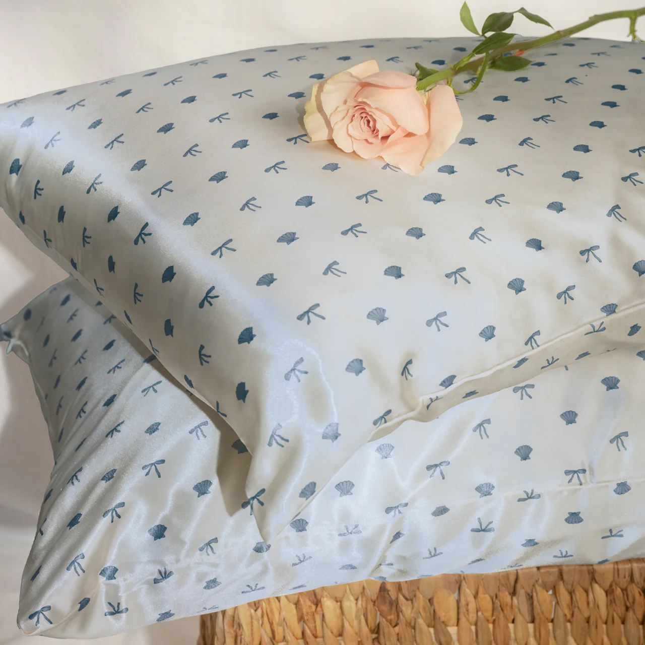 Satin Pillowcase in Pearlized Cream & Coastal Blue Print - Image 2